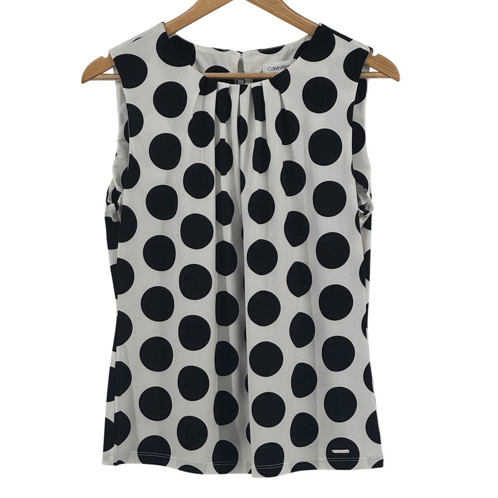 Calvin Klein Womens Polka Dot Pleated Neck Sleeveless Blouse Black White Medium
